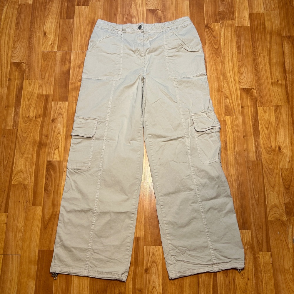 Y2K Wide Bungee Leg Nicole Miller NY Women Wide Leg Cargo 14 Beige Utility